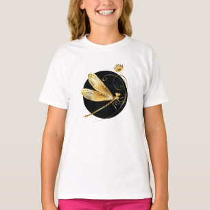 Gouden libel in zwarte cirkel t-shirt