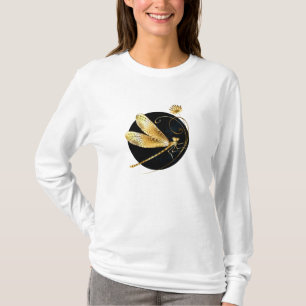 Gouden libel in zwarte cirkel t-shirt