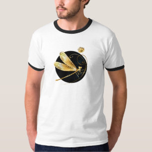 Gouden libel in zwarte cirkel t-shirt