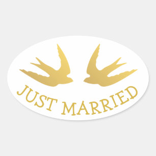 Gouden Liefdesvogels Net Getrouwd Huwelijk Liefdes Ovale Sticker