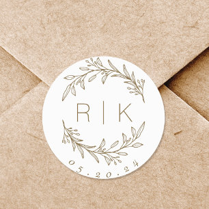 Gouden Lijn Kunst Botanische Krans Trouw Monogram Ronde Sticker