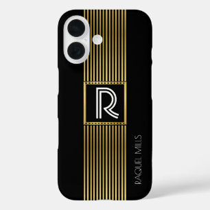 Gouden lijnen Monogram / monogram zwart iPhone 16 Hoesje