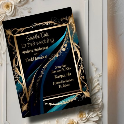 gouden lijst blauwgroen blauw zwart bruiloft save the date