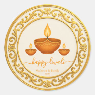 Gouden Lijst Diwali Diya met decoratieve lampenkun Ronde Sticker