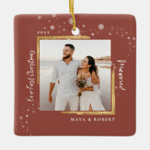 Gouden lijst foto Ons eerste kerstfeest getrouwd Keramisch Ornament