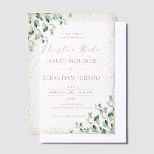 Gouden lijst groen Nuestra Boda Spaans huwelijk Vellum Uitnodigingen