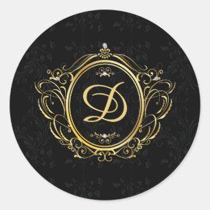  gouden lijst met monogram zwarte achtergrond ronde sticker