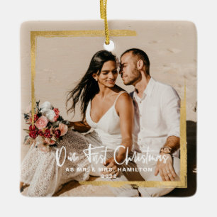 Gouden lijst onze eerste kerst Mr Mrs foto Keramisch Ornament