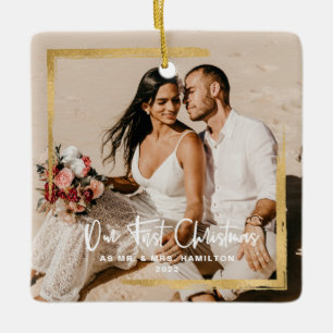 Gouden lijst onze eerste kerst Mr & Mrs foto Keramisch Ornament