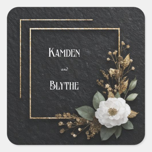 Gouden Lijst & Witte Camellia Huwelijk Vierkante Sticker (Voorkant)