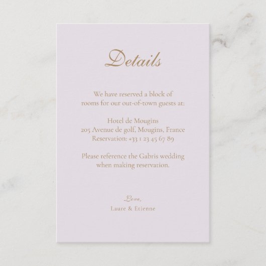Gouden Lila Grijs Elegant Trouw Hotel Detail Informatiekaartje (Voorkant)