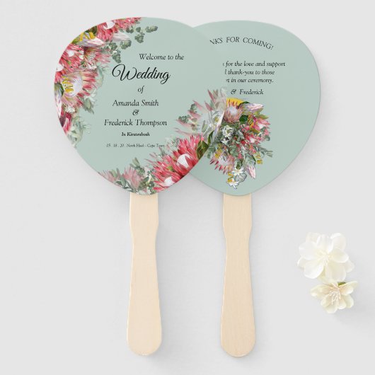 Gouden lint & Fuchsia Protea boeketten Handwaaier (Voorkant en achterkant)