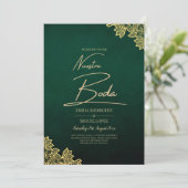 Gouden lint smaragdgroene All-in-1 trouwuitnodigin Kaart (Staand voorkant)