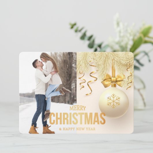 Gouden Lint Snowflake Bulb Twee Foto Kerstmis Feestdagenkaart (Staand voorkant)