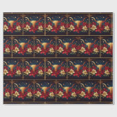 Gouden Longhorn Steer met Poinsettias Kerstmis Cadeaupapier (Vlak)