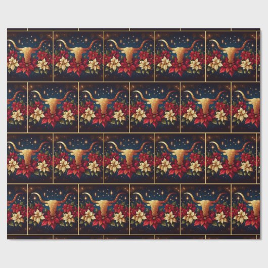 Gouden Longhorn Steer met Poinsettias Kerstmis Cadeaupapier (Vlak)