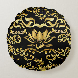 Gouden Lotus & Bloemen Patroon 2508 Rond Kussen