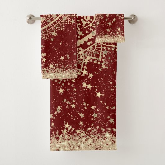 Gouden Lotus Mandala met gouden sterren op rood Bad Handdoek (Insitu)