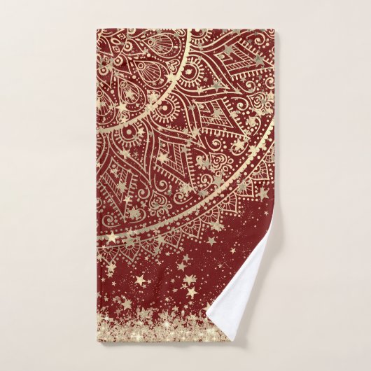 Gouden Lotus Mandala met gouden sterren op rood Bad Handdoek (Handdoek)