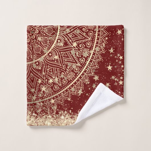 Gouden Lotus Mandala met gouden sterren op rood Bad Handdoek (Wasdoekje)