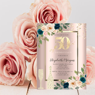 Gouden lovertjes, blauwe rozen champagne 50ste ver kaart