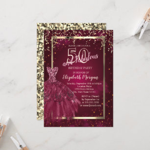 Gouden Lovertjes Bordeaux Glitterjurk 50e Verjaard Kaart