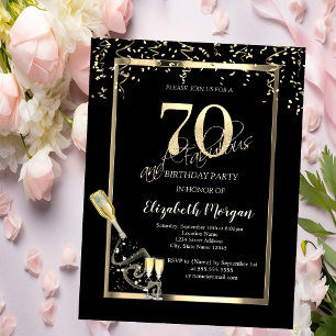 Gouden lovertjes, wijn glas fles 70ste verjaardag  kaart