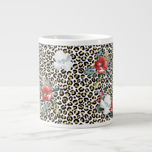 Gouden Luipaard Print Rood Wit Bloemen Extra Grote Beker (Voorkant)