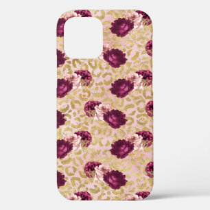 Gouden Luipaard Print Roze Rozen Bloemen iPhone 12 Pro Hoesje