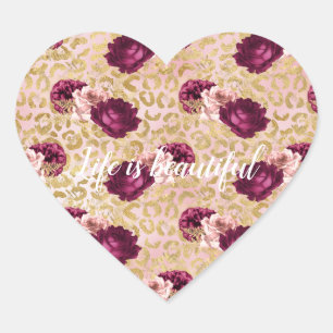 Gouden Luipaard Print Roze Rozen Bloemen Hart Sticker