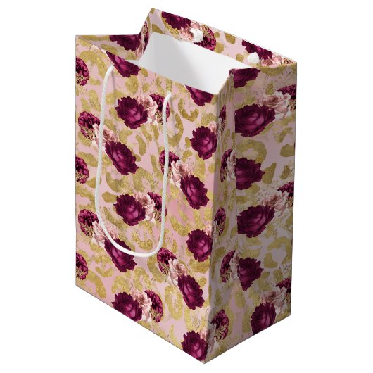 Gouden Luipaard Print Roze Rozen Bloemen Medium Cadeauzakje (Voorkant Gekanteld)