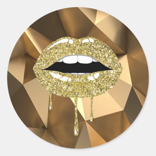 Gouden Luxe Glam Faux Glitter Drip Dripping Lips Ronde Sticker (Voorkant)