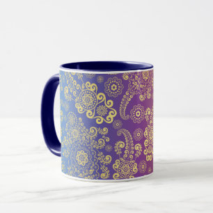 Gouden Luxe Paisley op Blauw, Paars en Oranje Mok