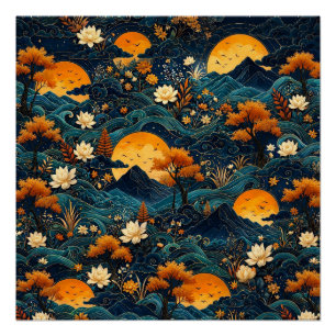 Gouden Maan Berg Nachtelijke Hemel Lotus Bloemmoti Perfect Poster