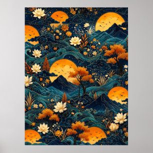 Gouden Maan Berg Nachtelijke Hemel Lotus Bloemmoti Poster