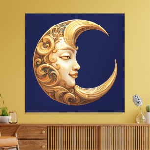 Gouden Maan met Gezicht Grote Muurkunst Canvas Afdruk