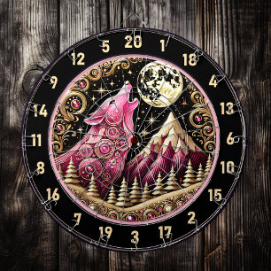 Gouden Maan Omarmt Elegantie van Roze Wolf Dartbord