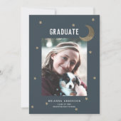 Gouden Maan & Sterren Marine Blauw Afstudeerfeest Kaart (Voorkant)