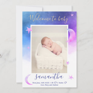 Gouden maan sterren roze waterverf foto baby geboo aankondiging