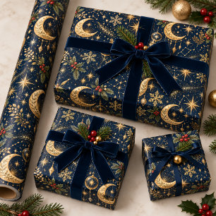 Gouden Maan Sterren Sterrenbeeld Hemel Kerstmis Cadeaupapier