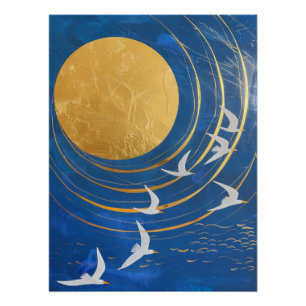 Gouden Maan Vogels Hemels Schilderij Perfect Poster