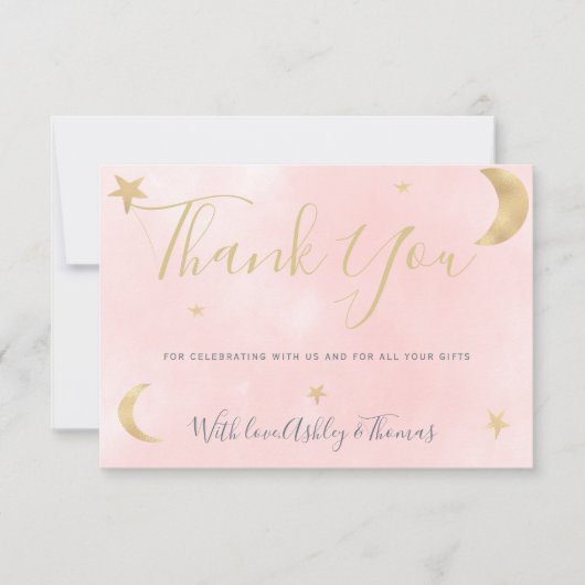 Gouden maansterren roze foto dank u baby shower bedankkaart (Voorkant)