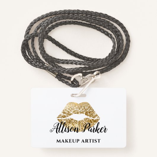 Gouden MAKE-UP ARTIEST Logo Kiss Naam Badge (Voorkant met draagriem)