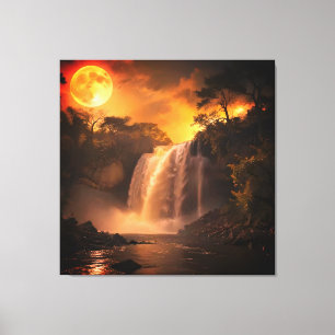 Gouden Maneschijn Waterval Fantasie Landschap Canvas Afdruk
