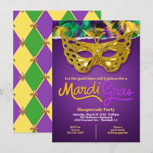 Gouden Mardi Gras Maskerade Viering Kaart (Voorkant / Achterkant)