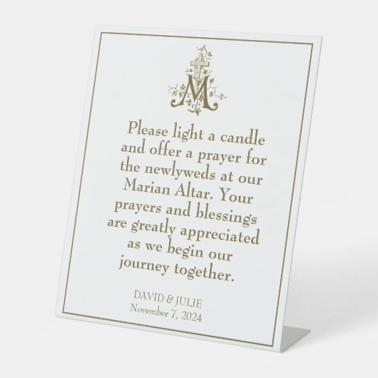 Gouden Maria Kruis Gezegend Moeder Altaarteken Reclamebord Met Voetstuk (Voorkant)