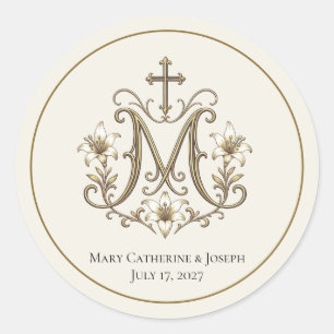 Gouden Marianus Kruis Monogram Ronde Sticker