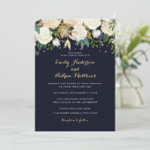 Gouden Marine Bloemen Glitter Mousserende bruiloft Kaart (Staand voorkant)