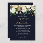Gouden Marine Bloemen Glitter Mousserende bruiloft Kaart (Voorkant / Achterkant)