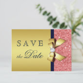 Gouden marine koraal pailletten diamanten strik sa save the date (Staand voorkant)